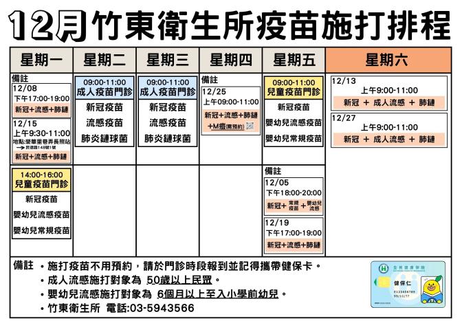 竹東衛生所12月份疫苗接種排程表