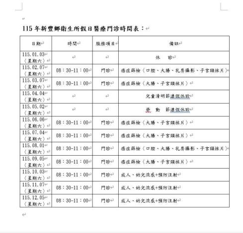 115年醫療保健假日門診時間表