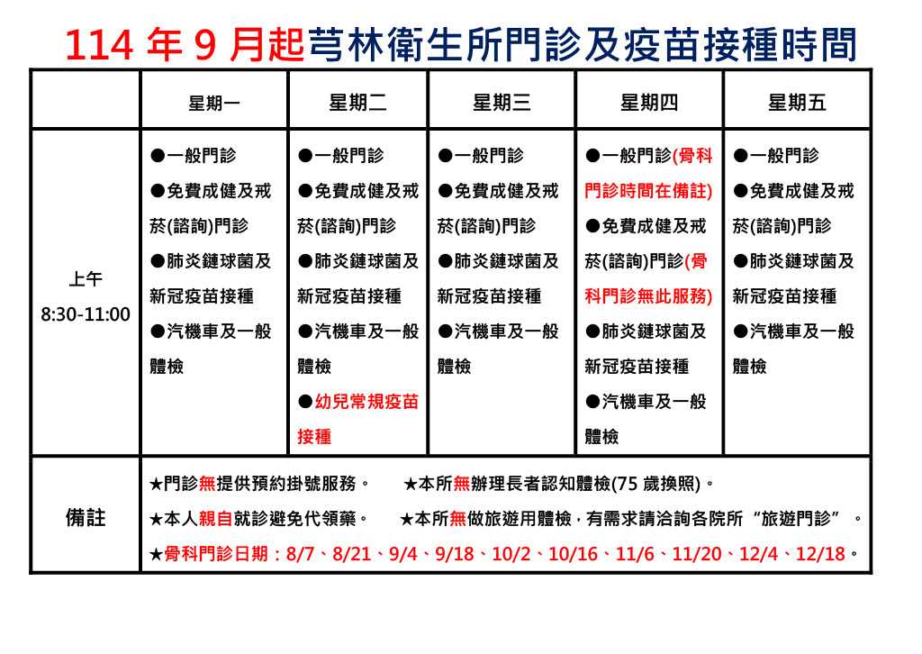 114年9月起門診時間表