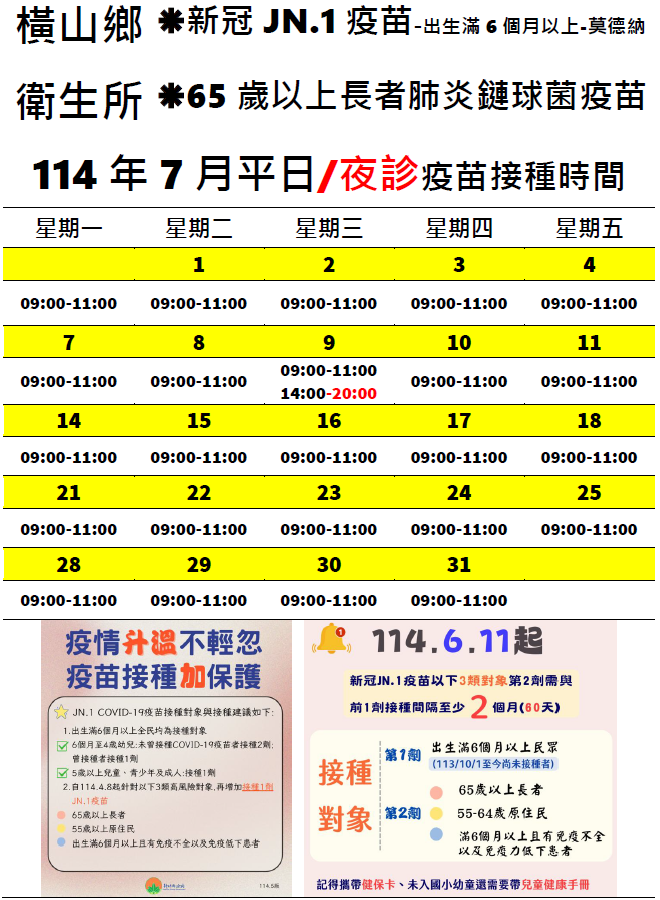 114年7月份疫苗接種時間表