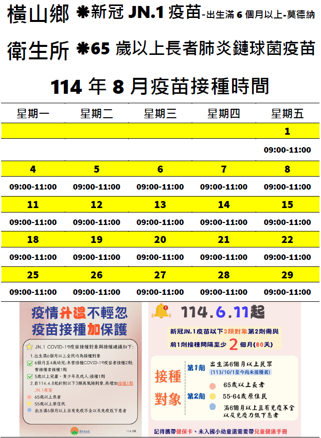 114年8月份疫苗接種時間表