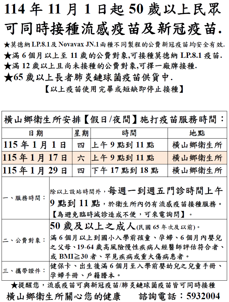 橫山鄉衛生所115年1月公費流感疫苗、新冠疫苗及肺炎鏈球菌疫苗施打時程表