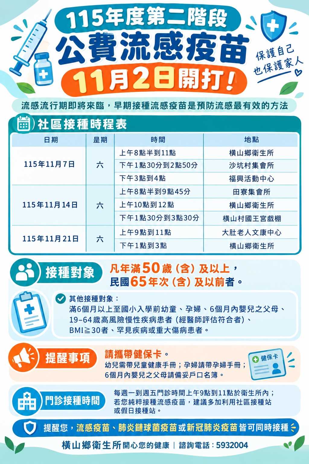 115/11/02第二階段 公費流感疫苗/新冠疫苗開打囉~
