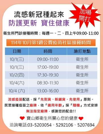 寶山鄉衛生所114年10月第1週流感疫苗接種資訊