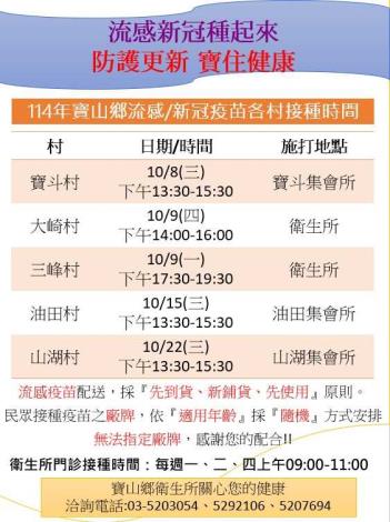 寶山鄉衛生所114年10月各村流感疫苗設站接種資訊
