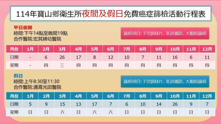 114年寶山鄉衛生所社區癌症篩檢服務時間