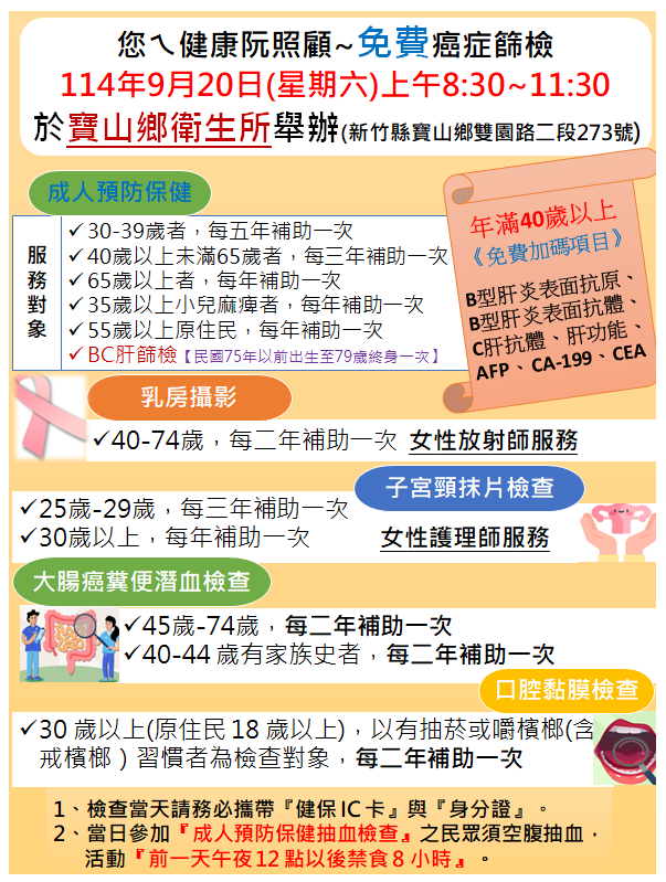 114年9月20寶山鄉衛生所假日免費癌症及成人健檢篩檢時間