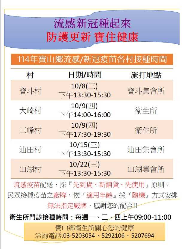 114年10月各村社區流感苗及新冠疫苗接種時間