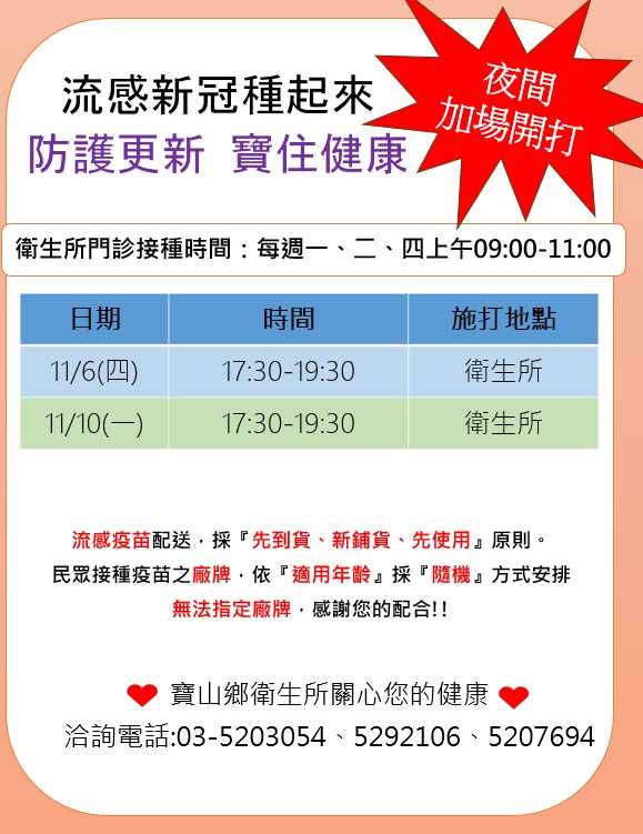 114年11月公費流感/新冠/肺炎鏈球菌疫苗疫苗夜間開打資訊