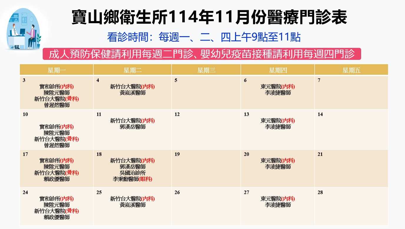 寶山鄉衛生所114年11月份醫療門診表