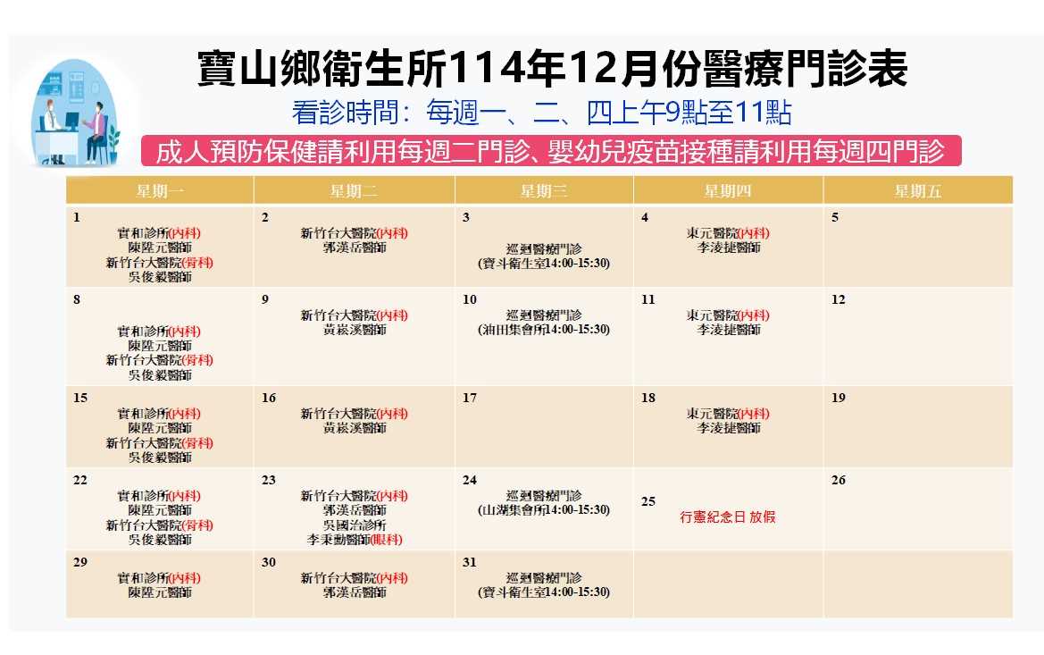 114年寶山鄉衛生所12月門診表