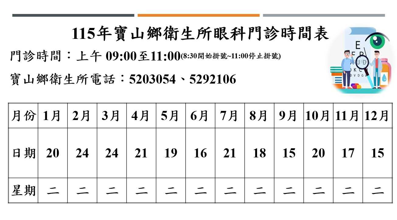 115年寶山鄉衛生所眼科門診表
