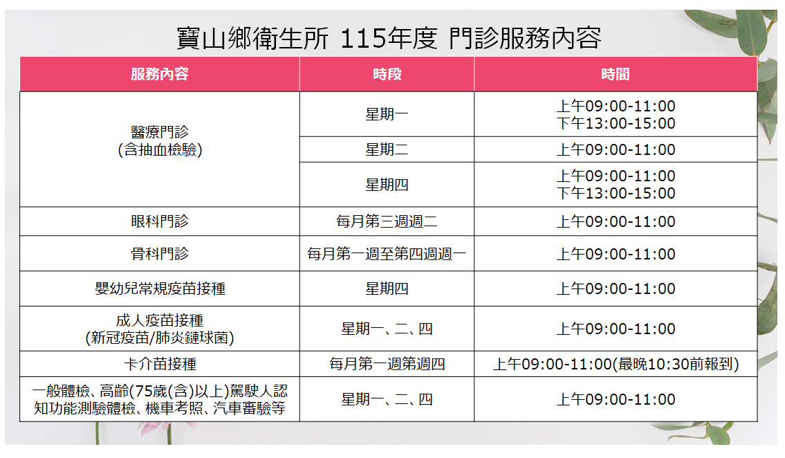 寶山鄉衛生所115年門診服務內容