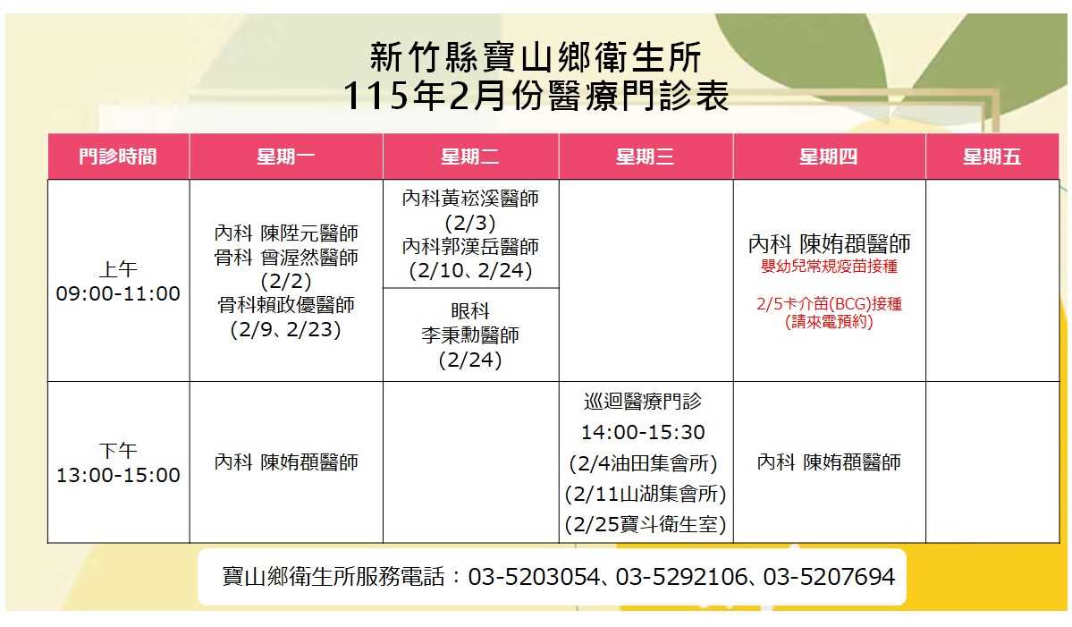 寶山鄉衛生所115年2月門診表