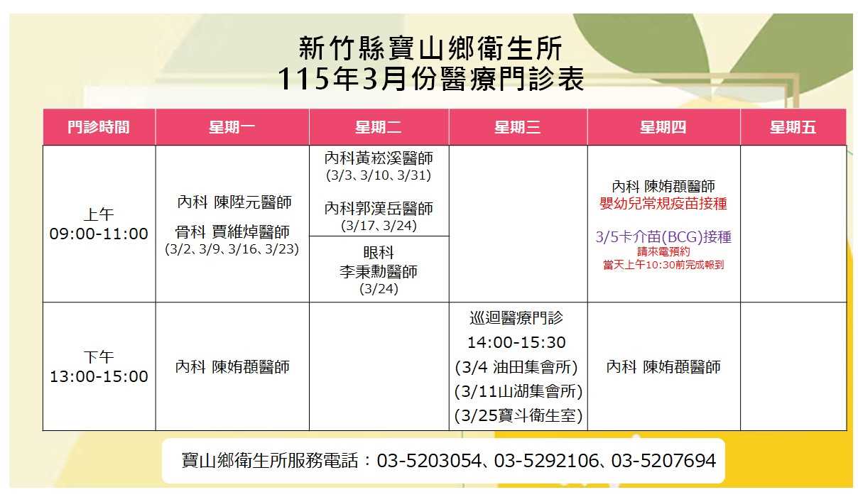 寶山鄉衛生所115年3月門診表