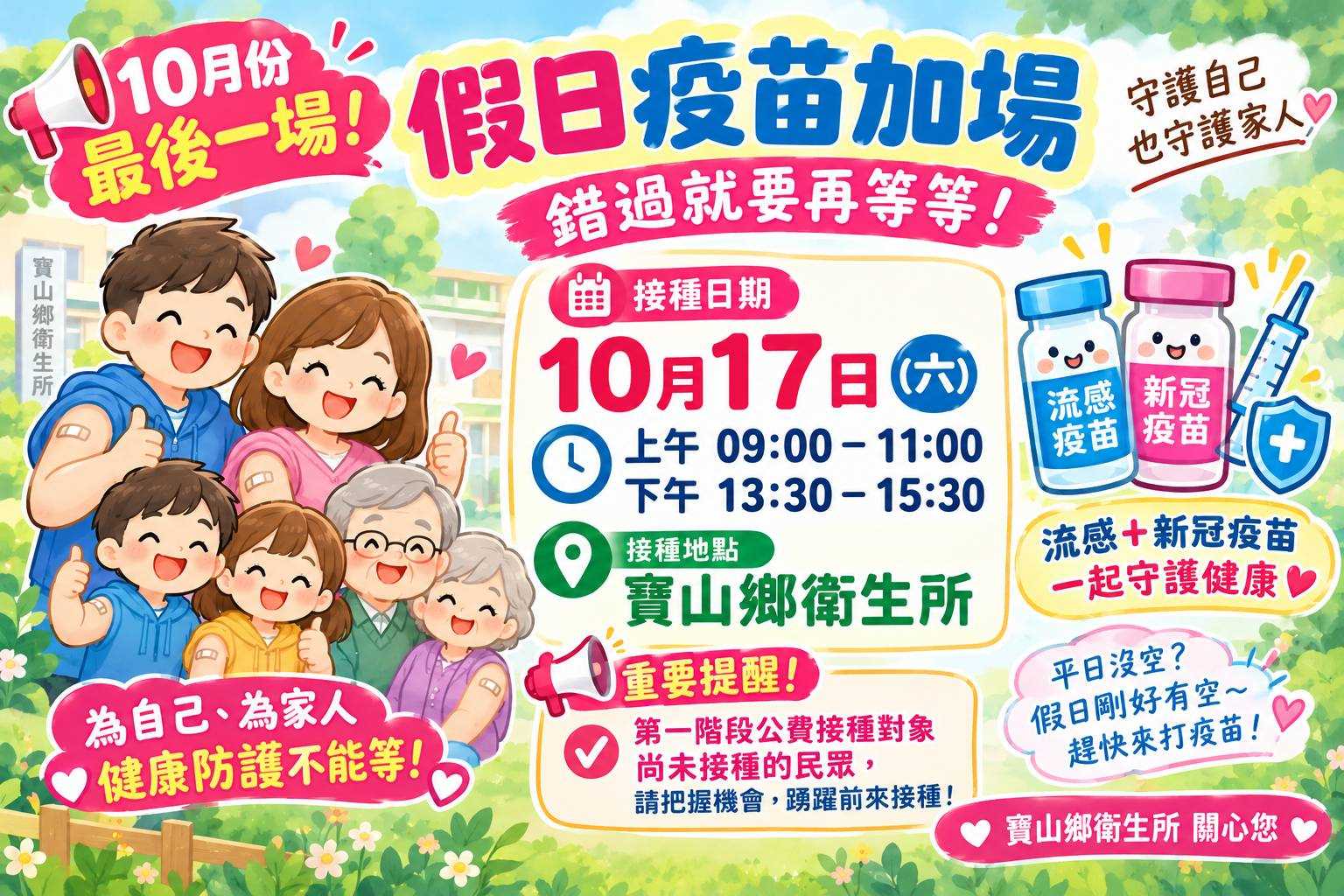 🌟 10月份最後一場假日疫苗接種加場服務，請符合資格的民眾把握機會📣