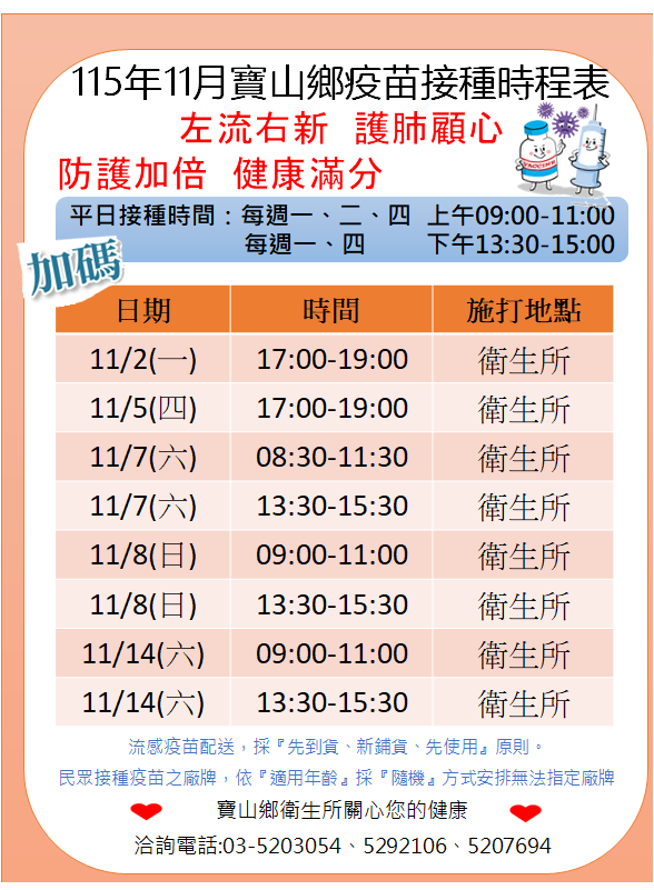 115年11月份流感疫苗接種時間