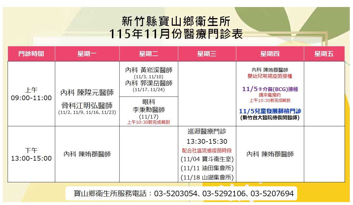 寶山鄉衛生所115年11月醫療門診表