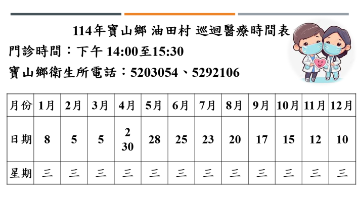 油田村巡迴醫療門診表