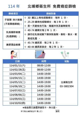 114補衛生所癌症篩檢時間表