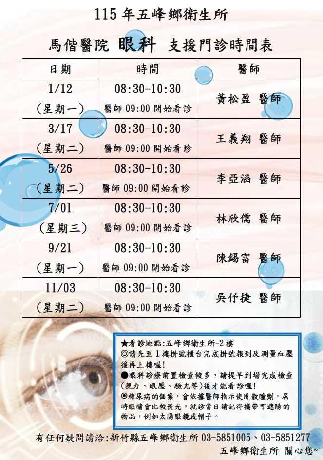 115年新竹馬偕眼科支援門診表